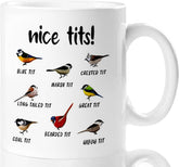 Jigfoxy Nice Tits Bird Mug front view with bold bird illustration for morning coffee