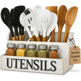 JKS Essentials large wooden utensil holder with four compartments keeps counters organized.