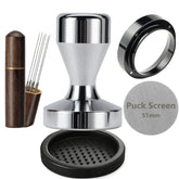 JOESTIKK 51mm espresso tamper showing ergonomic handle for steady tamping