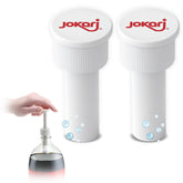 Jokari Fizz Keeper Pump Cap mounted on a 2 L bottle showing restored fizz and pour