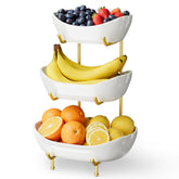 Josmimic 3-tier ceramic fruit bowl with gold stand on counter for organized fruit storage
