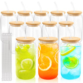 Joyclub 12-set glass cups with bamboo lids and glass straws for party-ready drinks.