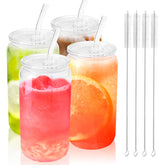 Joyclub 4pc glass cups with acrylic lids for stylish serving and easy stacking.