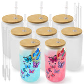 Joyclub 8-pack sublimation glass cups with bamboo lids for vibrant custom designs.