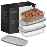 JoyJolt glass loaf pan set with lids front view for baking and storage.
