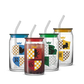 JoyJolt Harry Potter house crests glass tumbler with lid for on-the-go magical sipping.
