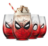 JoyJolt Spidey-Sense stemless glass with gradient red-to-clear and heroic expression for daily drinks