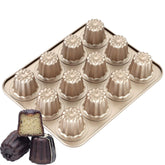 JRVT Love 12-cavity canele pan top view for uniform bake and rich color.