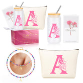 JSENGIFT pink initial A glass cup with bamboo lid, ideal for daily hydration.