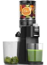 Juilist cold press juicer in black with compact assembly for easy counter storage.