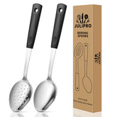 JULIPRO stainless steel serving spoons set in black finish displayed together for easy kitchen serving.