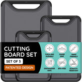 JULY HOME three-piece plastic cutting board set stacked for versatile meal prep.