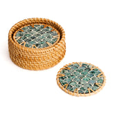 Jungle Culture mother of pearl rattan coasters with elegant inlays protecting tabletops.
