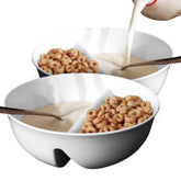 Just Artifacts Just Crunch divided bowl showing milk separation for crisp cereal.