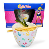 JUST FUNKY Sailor Moon symbols ramen bowl with chopsticks, a vibrant option for themed meals.