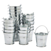 Juvale mini metal buckets with handles in silver, perfect for party favors.