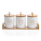 JUXYES white ceramic canisters with lids and tray for organized sugar, coffee, and tea.