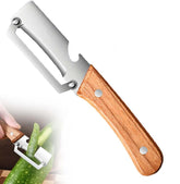 Juyght multi-functional peeler with wooden-handle demonstrates versatile peeling with a comfortable grip.