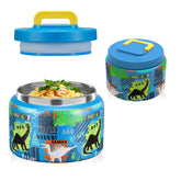JXXM 8 Oz Thermo Food Jar with blue dinosaur lid, ideal for kid-friendly hot lunches.