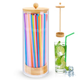 JYPS straw dispenser with bamboo lid displaying 100 colorful straws on kitchen counter