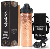 Kamojo copper water bottle front view with hammered finish for premium hydration.