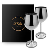 K&K Home silver wine glasses close-up showing premium stainless steel finish for elegant entertaining.