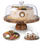 Kanwone acacia wood cake stand with 12in dome lid displaying desserts elegantly