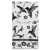 Karma tea towel hummingbird close-up shows durable cotton and boho charm.
