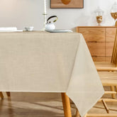 Karseteli natural linen tablecloth in 60x84 inches provides durable, easy-care dining surface.