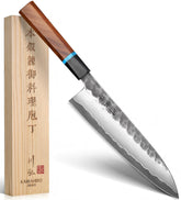 KAWAHIRO Japanese Chef Knife blade with black forged finish enables precise slicing.
