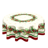Kawani Christmas Holly round tablecloth 60 inch brightens dining with festive pattern.