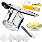 KAYCROWN potato ricer in action with four discs for fluffy mashed potatoes.