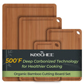 Keechee bamboo cutting board set, top view, versatile four-piece prep kit.