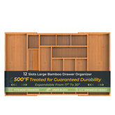 Keechee carbonized bamboo drawer organizer, 12 slots, expands from 17 to 30 inches.