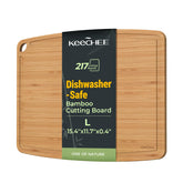 Keechee dishwasher-safe bamboo cutting board in top view for easy cleaning and everyday prep.
