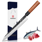 KEEMAKE sushi knife blade close-up shows a sharp 440C edge.