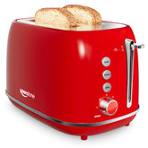 Keenstone retro 2-slice toaster front view with durable stainless steel and red finish.