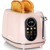 Keenstone smart touch toaster front view, pink stainless steel, ideal for quick breakfasts.