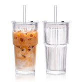 KEMORELA 2-pack ribbed glass tumbler with lid and straw for iced coffee, durable and reusable.