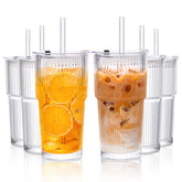 KEMORELA ribbed glass tumblers 6-pack with lids and straws for chic iced beverages