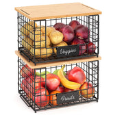 Keomaisyto 2-pack stackable wire baskets with bamboo top for pantry organization
