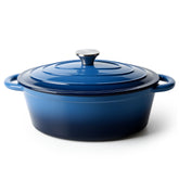 Kerilyn oval dutch oven blue lid enables even heat distribution.