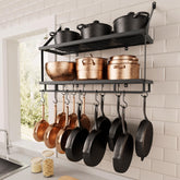 KES 30-inch pot rack grid shelf holds pots and pans neatly for easy access.