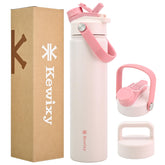 KEWIXY 24oz insulated bottle with two lids for gym or school hydration.