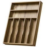 Kiasthome Acacia drawer organizer front view showing neat utensil separation.