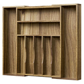 Kiasthome Acacia wood drawer organizer expanded to fit larger drawers for flexible storage.