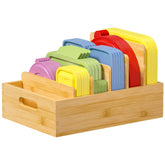 Kiasthome bamboo lid organizer with five dividers keeps lids neatly sorted and accessible.