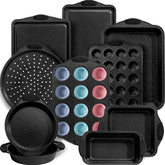 Kikcoin 22-piece bakeware set stacked for space-saving storage.