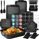 Kikcoin 25-pcs stackable baking pans set demonstrates compact storage and organized kitchen