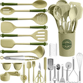 Kikcoin avocado-green utensils set on counter with holder for quick, organized cooking.